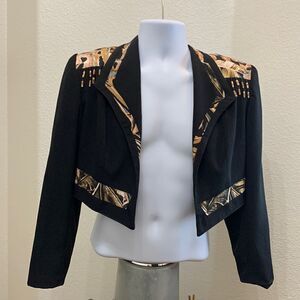 City Girl Petites Size 6 Beaded Cropped Black & Jungle Print Long Sleeve Jacket